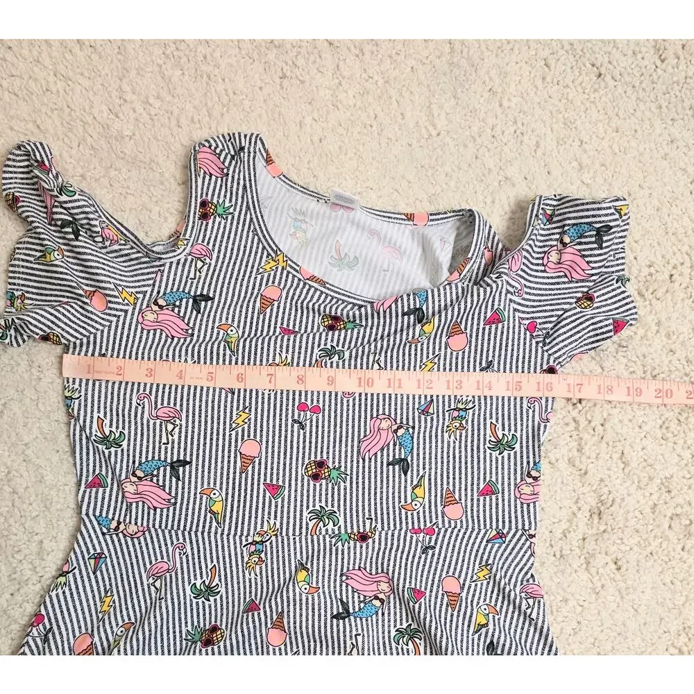 Arizona Cold Shoulder Dress Girl's Plus Size L Gray/White Stripes Tropical Print